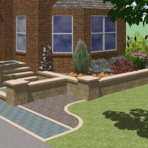 A 3-D image assists in visualizing the new stoop. Plants are added to show the color and shape of those proposed.