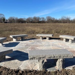 Council circle installed at Smolinski Park in Mount Pleasant, WI. Installed using Chilton Flagstone and Rustic Gold sawed outcropping