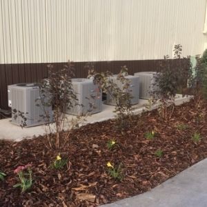 Plantings are installed to block view of A/C units and blank wall at Topper Industrial in Sturtevant.