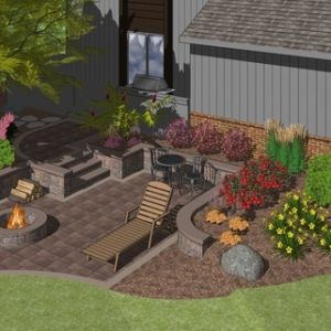 A 3D rendering showing the layout and colors of a proposed paver patio in Wind Point. Realistic models of plants are added for extra visualization.