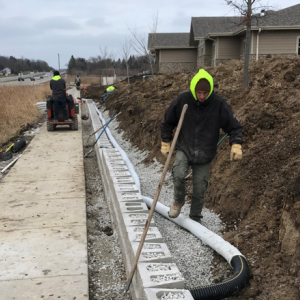 Perforated drain tile, clear limestone chips and geo-grid mesh are installed behind retaining wall to prevent shifting of retaining wall, while holding back the sloped grade.