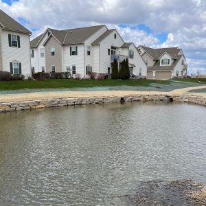 Rustic gold outcropping stone retaining walls installed to prevent shoreline erosion at ponds in Mount Pleasant, WI