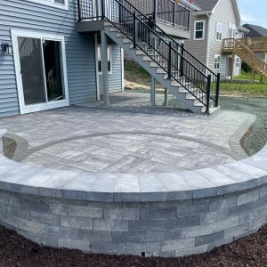 County Materials Grand Vantage paver patio installed outside walkout basement.